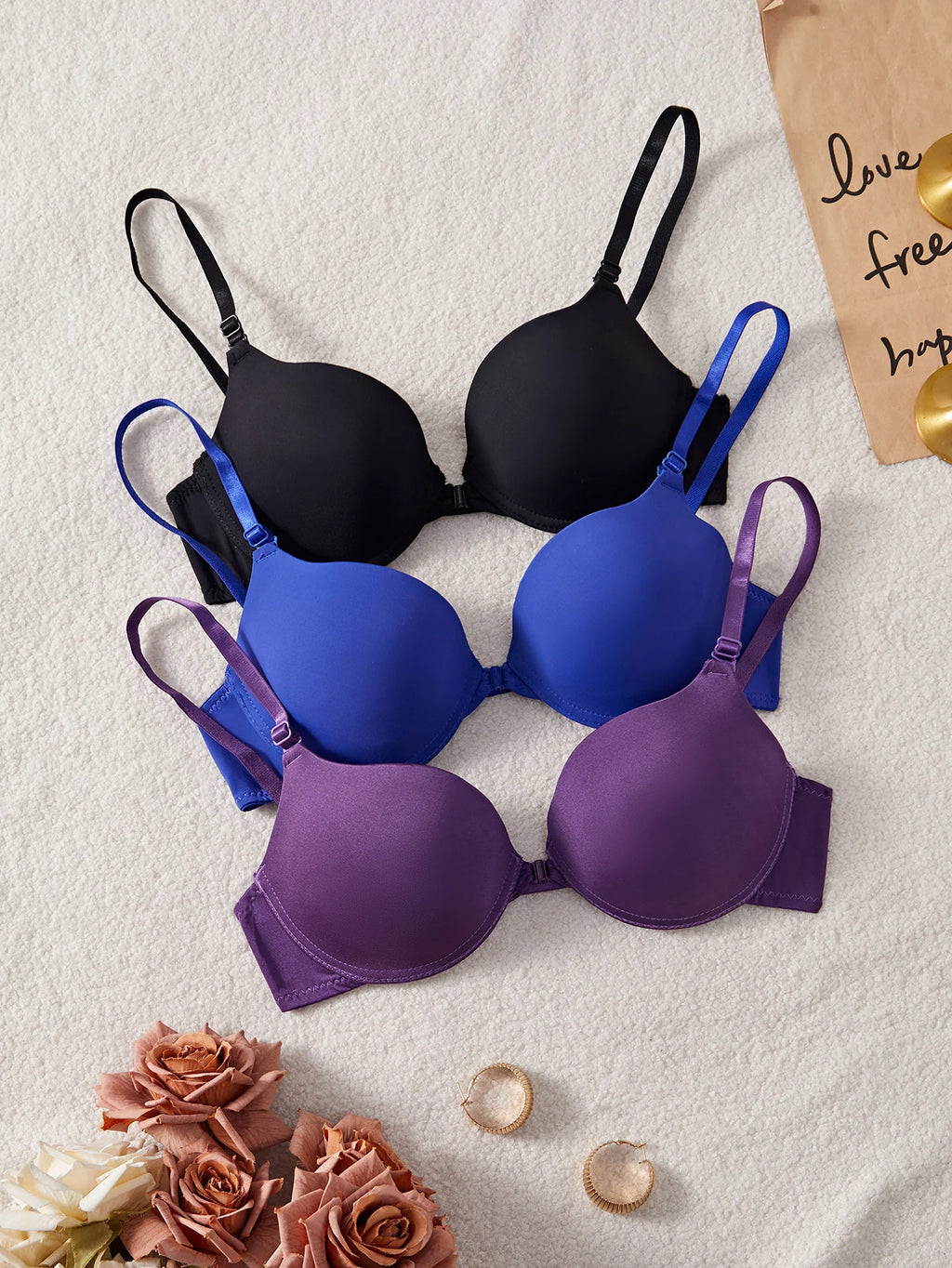 3-Pack Women's Underwear Set Everyday Basic Simple Solid Color Underwire Push-Up Bra Unlined Casual & Comfortable Bras Women